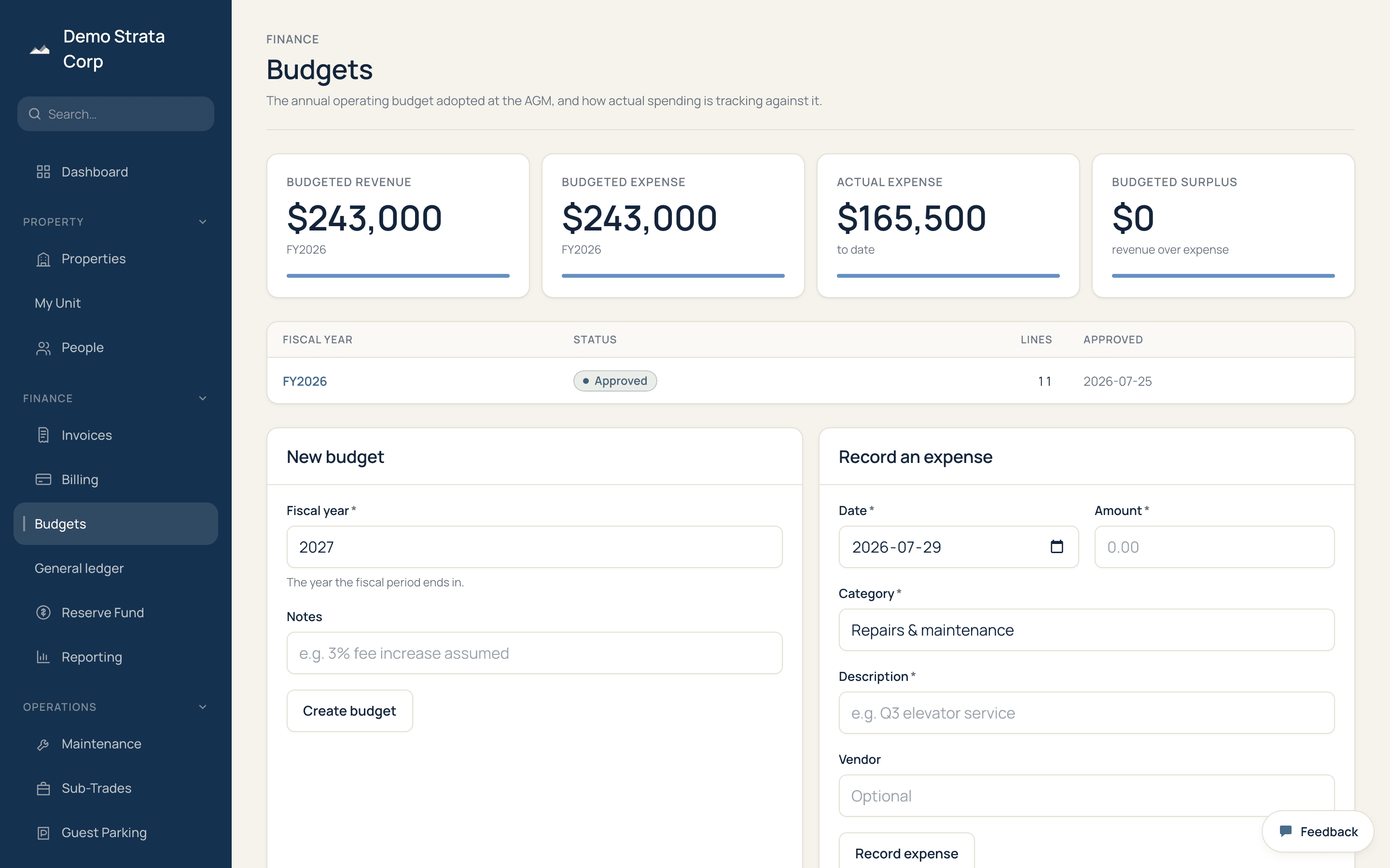 Budget versus actual, aware of the calendar — Actuals come from the expense ledger and from invoices, not from re-keyed figures.